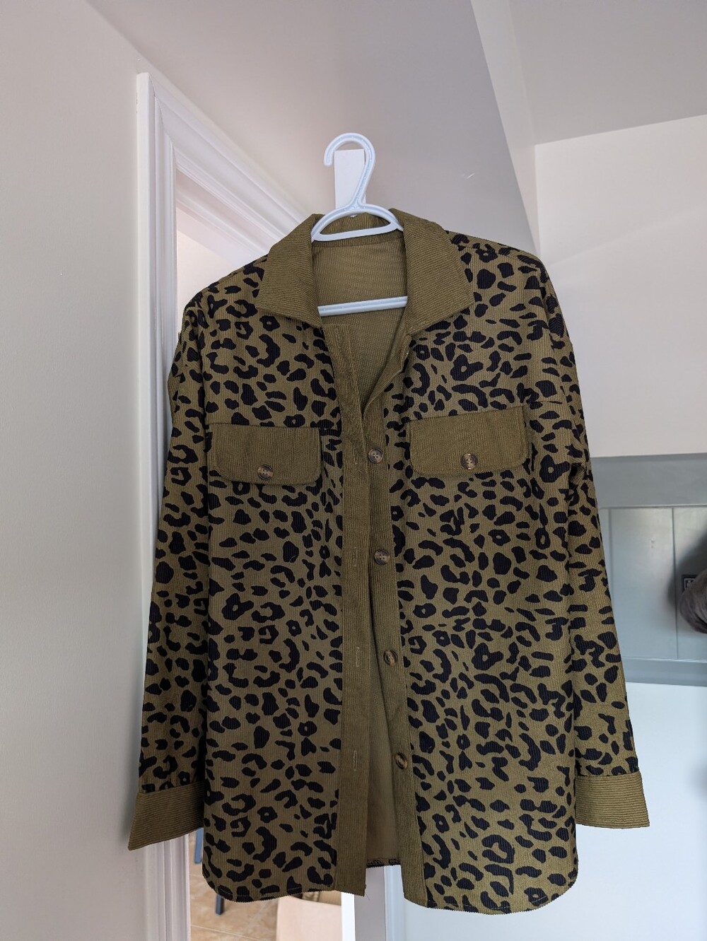 Olive Green Leopard Print Button-Front Jacket